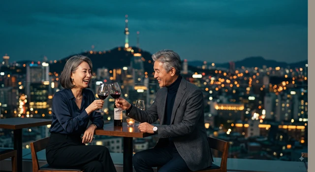 야외에서 저녁 모임을 즐기는 중장년 친구들