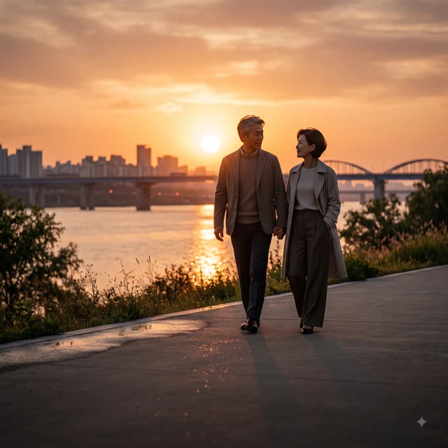 노을을 보며 산책하는 중장년 부부
